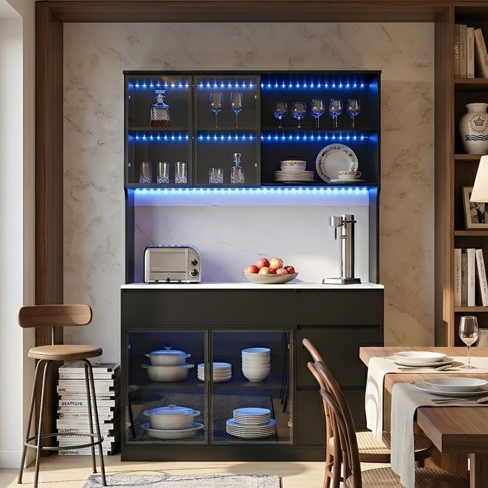 Buffet haut - 120x40x180cm - LED intégrées - Plan effet marbre - Tiroirs et vitrines - MDF Noir et Blanc