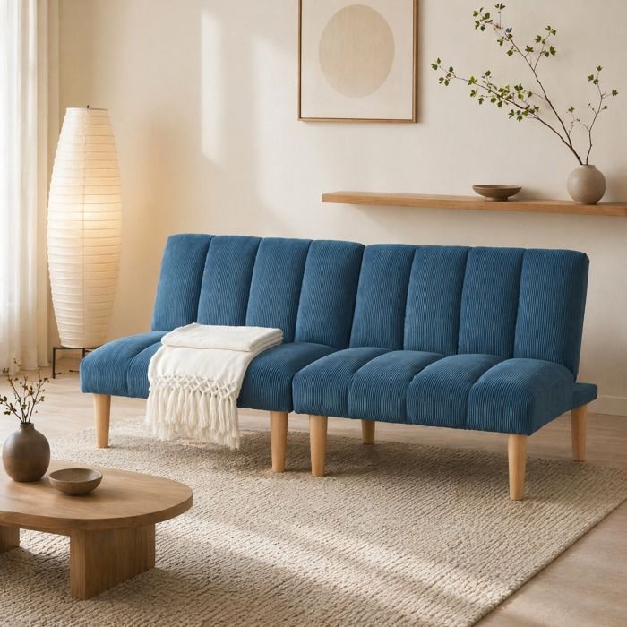 Canapé-lit 2 places convertible – dossier réglable 3 positions – velours côtelé bleu – sans accoudoirs