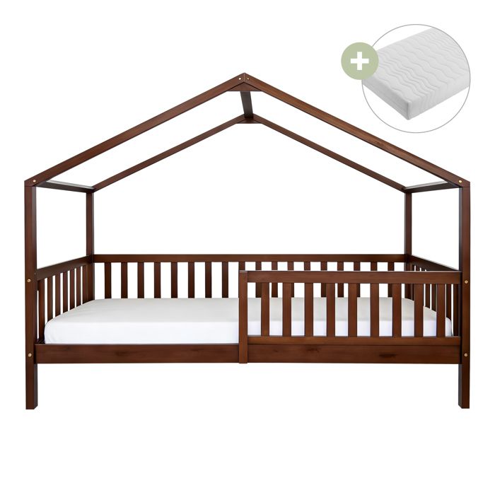 Lit cabane - SUNNY - Au sol - Barrière sécurité modulable - Matelas hybride 90×200 14cm - Bois de pin FSC Lit cabane - SUNNY - Au sol - Barrière sécurité modulable - Matelas hybride 90×200 14cm - Bois de pin FSC