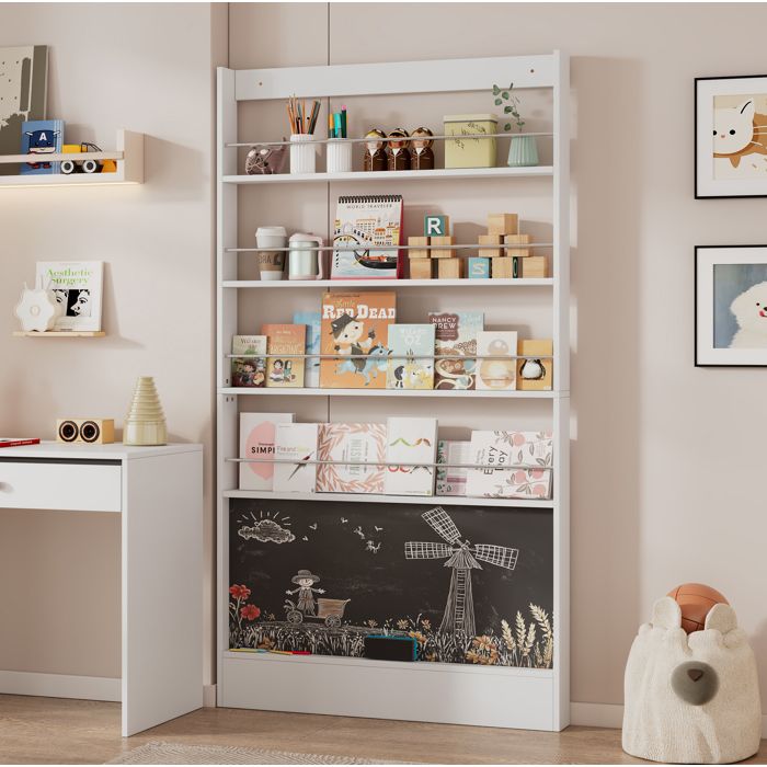 WOVREO bibliothèque enfant 100 x 10 x 180 cm 4 étagères ouvertes avec tableau noir intégré blanc