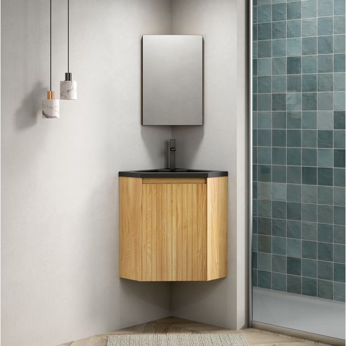 Meuble sous vasque d’angle suspendu 54 5 x 38 5 x 52 4 cm avec vasque intégrée en résine noir mat 1 porte