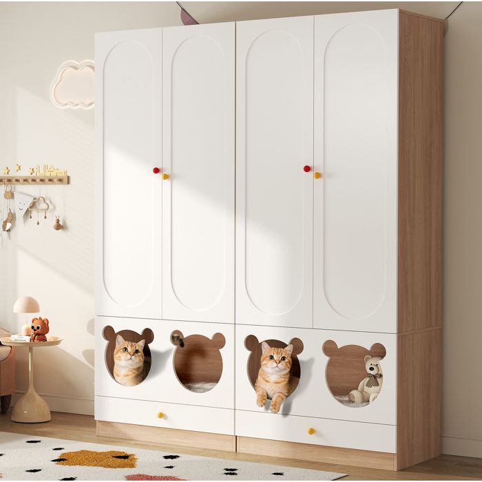 Armoire Enfant Lot de 2 avec 4 Portes 2 Tiroirs Tringles et Coin Chat - MEUNIQ - Blanc Bois Naturel 80×50×200 cm