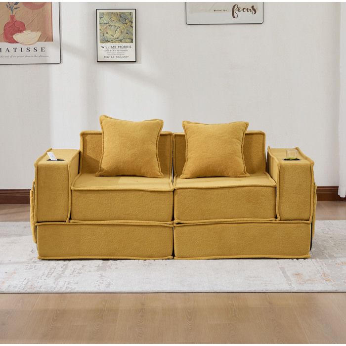 Canapé convertible 2 places en chenille jaune moutarde avec accoudoirs rangement latéral et porte-gobelet