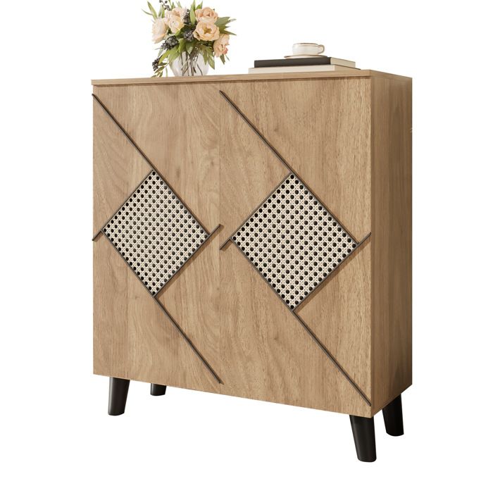 Meuble à chaussures 2 portes effet bois 80 x 32 x 91 cm avec motif décoratif effet rotin et étagères