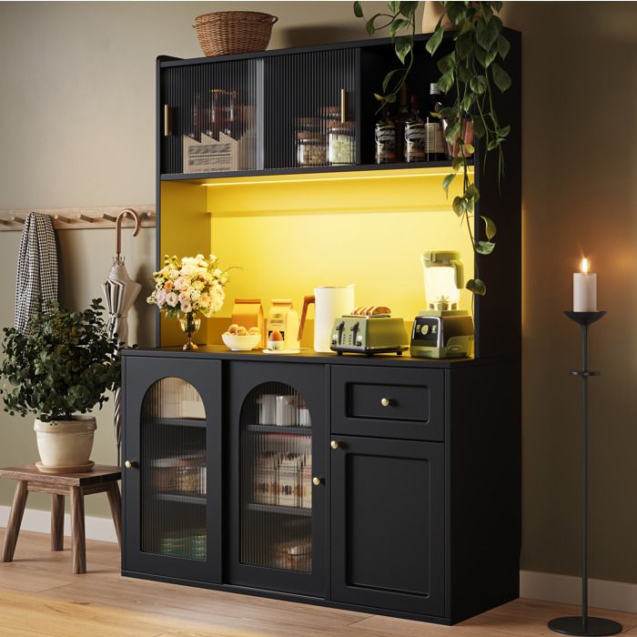 WOVREO Buffet de cuisine 120 x 35 x 167 cm avec LED vitrine étagères réglables noir