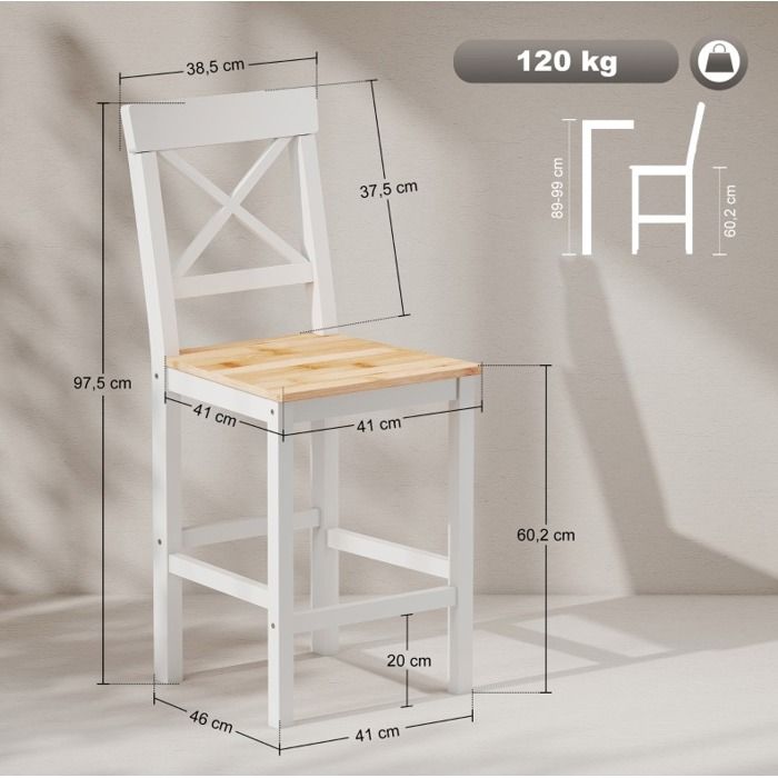 Tabouret de bar lot de 2 en bois de pin massif avec dossier croisé et repose-pieds style campagne naturel ORVRYN