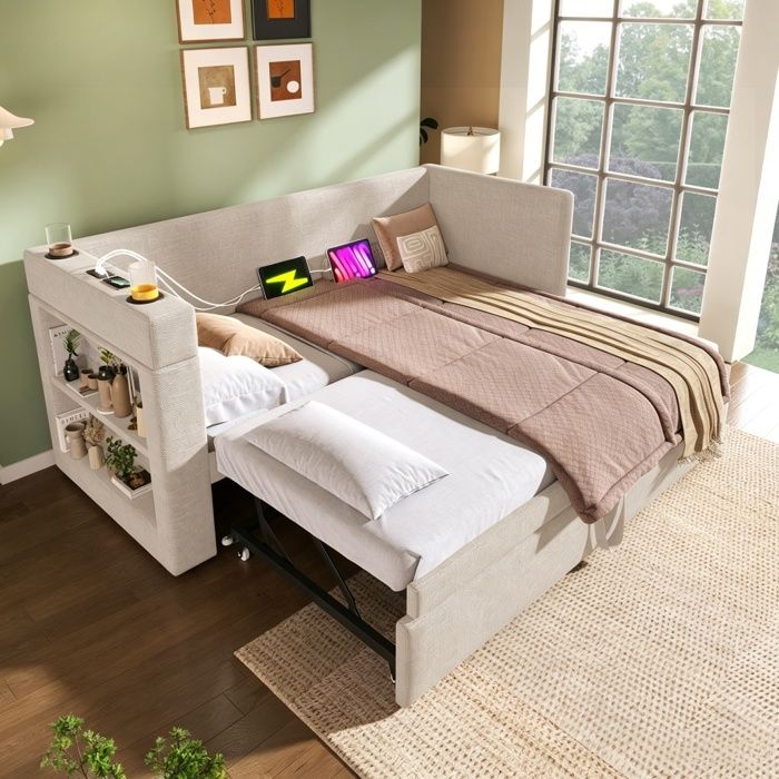 Lit gigogne rembourré 2x90x190 cm - BELLEMAVE - avec ports USB Type-C et porte-gobelets - tissu coton lin - sans matelas - beige