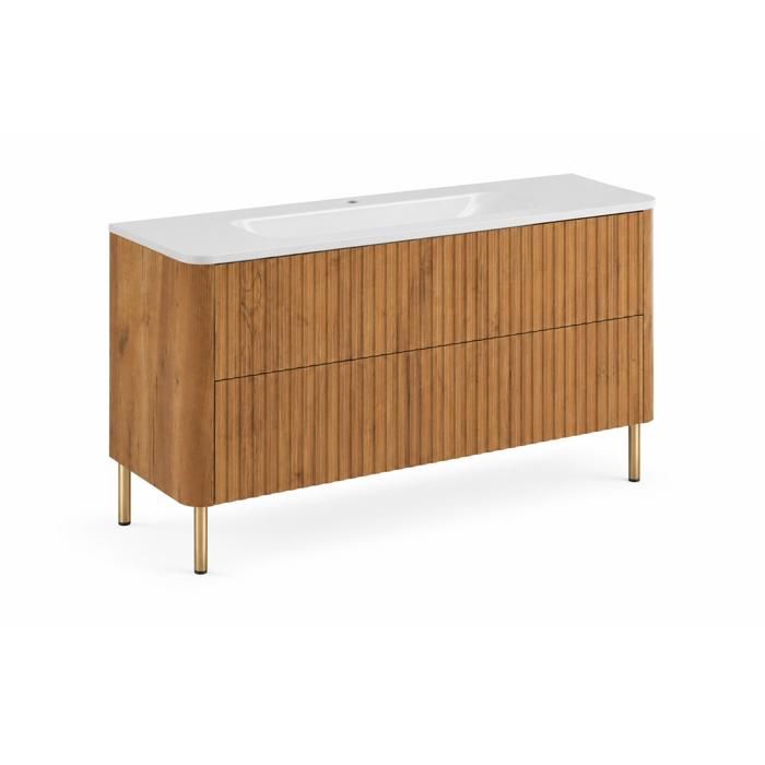 Meuble sous vasque - Meuble de salle de bain 120 - Chêne craft - Vasque résine minérale incluse - Pieds métal dorés