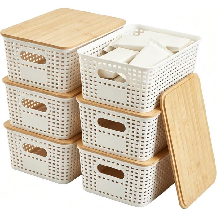 Lot de 6 boîtes de rangement empilables - couvercle bambou plastique PP imitation rotin 25 5 x 18 5 x 10 5 cm