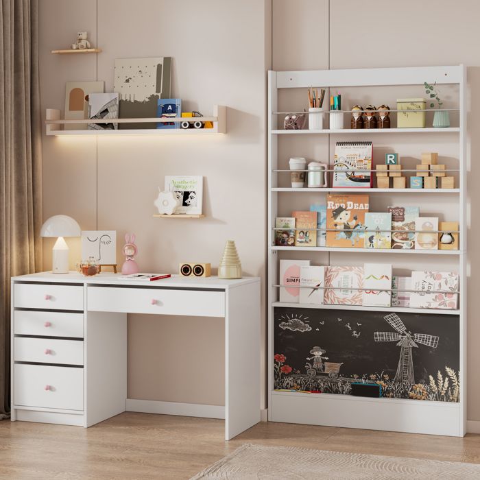 Bureau enfant avec bibliothèque présentoir EVRYAE 220 x 45 x 180 cm 5 tiroirs tableau noir blanc