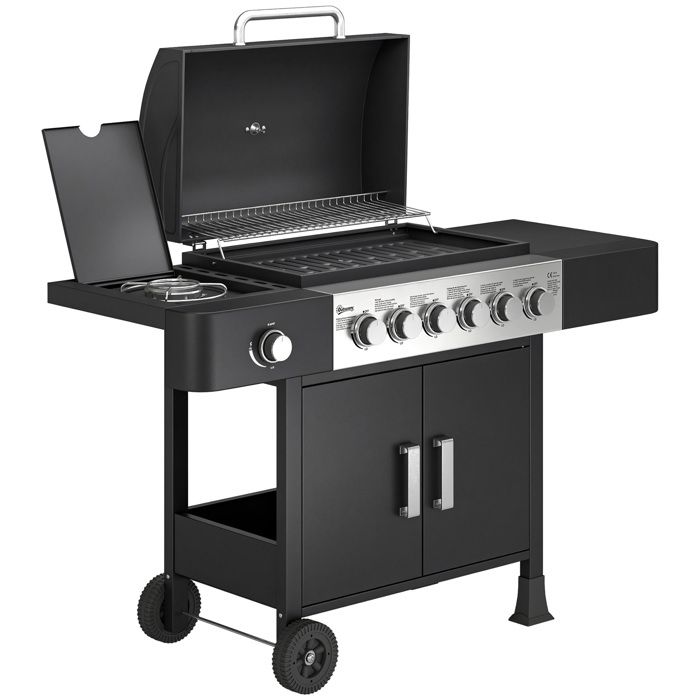 YWJ Barbecue Gaz 178kW Chariot 6+1 Brûleurs Inox Roulettes Latéral Thermomètre Grille Émaillée