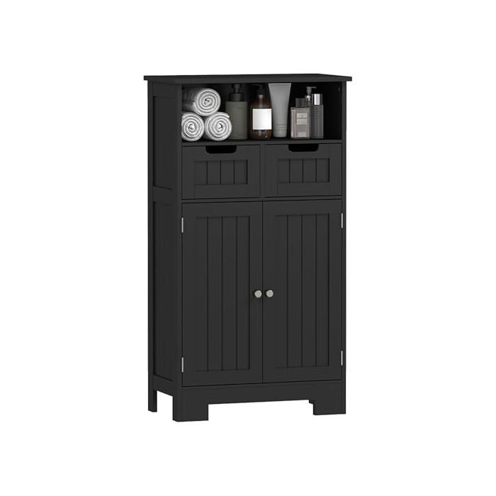 Meuble de salle de bain - KLEANKIN - 2 tiroirs niche 60×30×108 8 cm - Noir - MDF hydrofuge - Étagère réglable - Anti-basculement