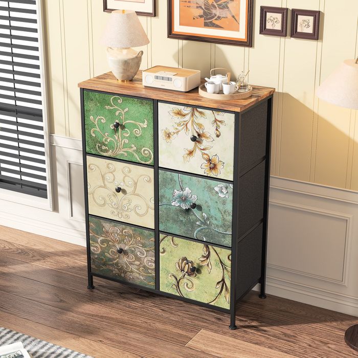 Commode 6 tiroirs en tissu meuble de rangement vintage pour chambre salon ou entrée structure en bois meuble dappoint pratique