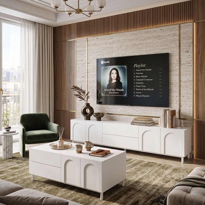 Ensemble Meuble TV 180cm et Table Basse Grand Rangement Design Soigné avec Portes en Arc Pieds Métal Robustes - Blanc