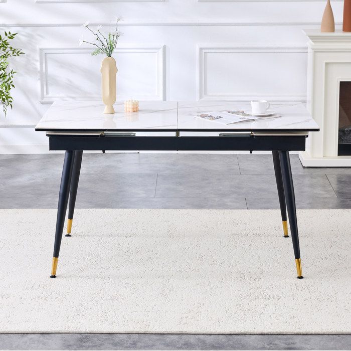 ULEVR Table à manger extensible blanche effet marbre plateau en céramique métal noir et pieds dorés 140-200 cm