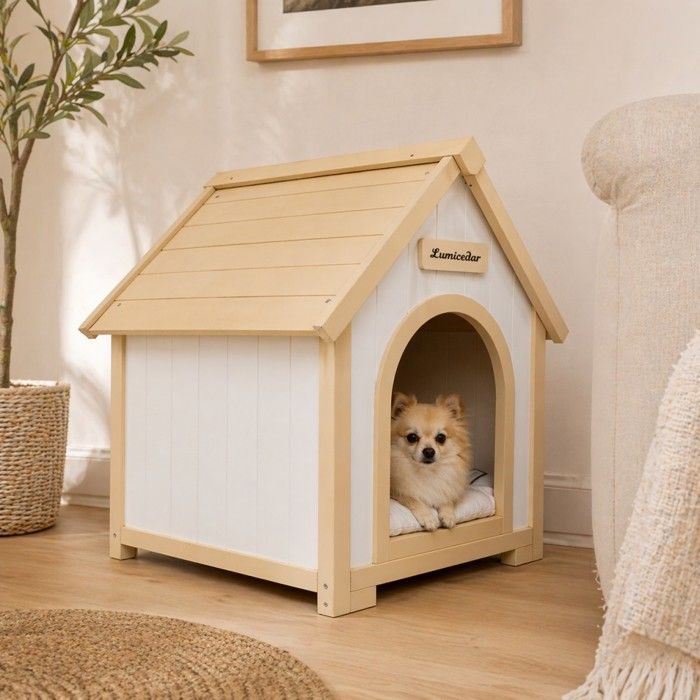 Niche pour chien et chat intérieur en bois blanc crème 60x55x70 cm style scandinave petit format Niche pour chien et chat intérieur en bois blanc crème 60x55x70 cm style scandinave petit format