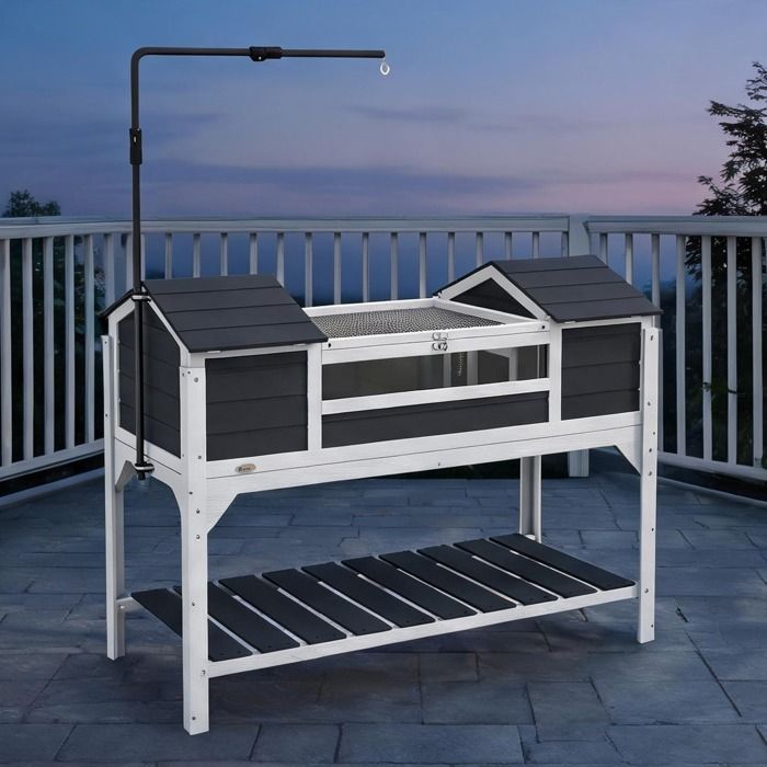 Enclos extérieur pour tortue en bois de sapin gris 2 niches support lampe réglable 122 x 56 5 x 93 cm