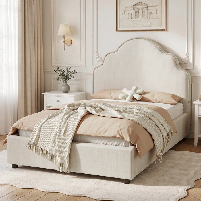 Lit enfant 90x200 avec sommier tissu lin beige hypoallergénique design nuage sécurisé sans coins pointus assemblage rapide
