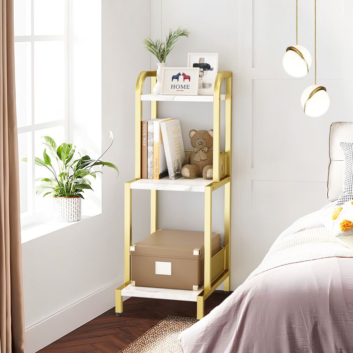Étagère échelle 3 niveaux compacte - Bibliothèque - Finition marbre blanc - pour bureau salon chambre ou cuisine - Métal doré
