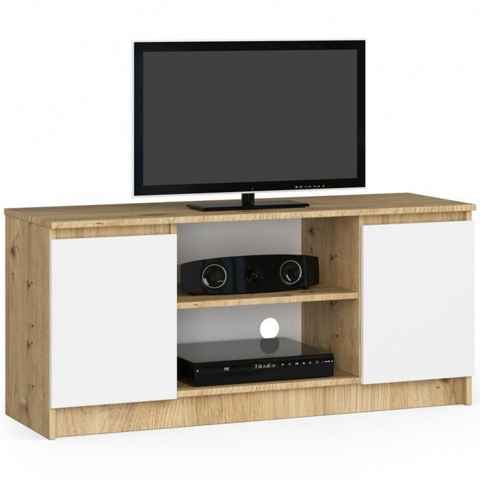 Meuble TV pour salon AKORD Chêne Artisan 120 cm 2 portes façade Blanche 2 étagères 120x40x55 cm