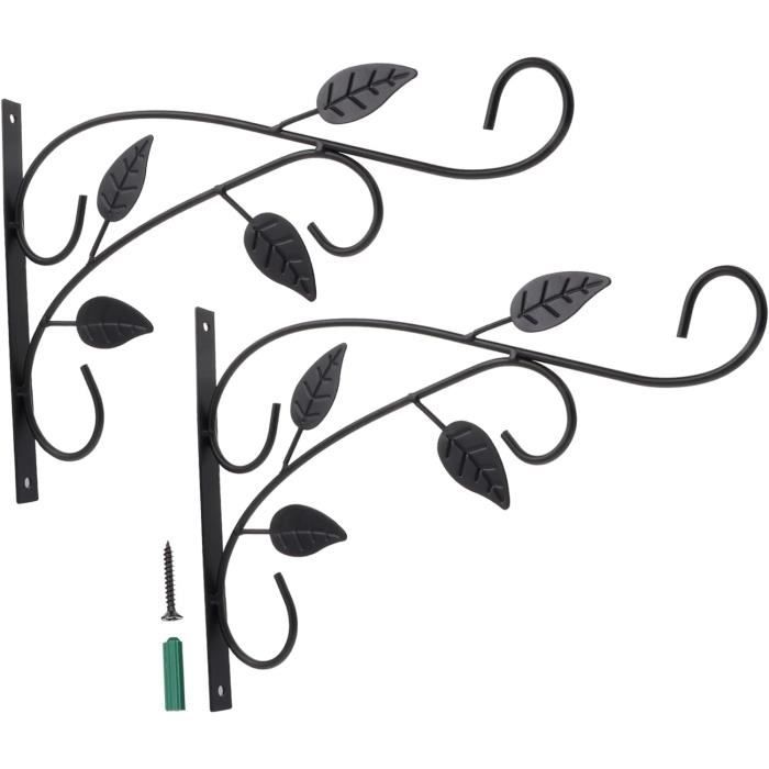 Lot De 2 Crochets Muraux En Fer Forgé Pour Jardinière, Lanterne Et Fleur - Support Suspendu Noir 25x20 Cm