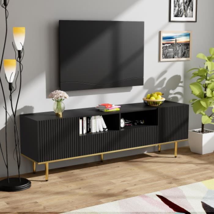 Meuble TV - Moderne - 2 portes 2 tiroirs - Laqué noir & métal doré - L165 x P36 x H55 cm