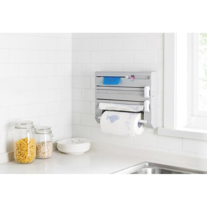 6 En 1 Cuisine Distributeur de Rouleau Support de Papier Film d'Aluminium Cuisine Découpe Facile Murale （Gris）