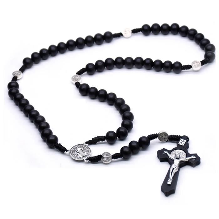 Chapelet Croix avec Médaillon Saint Benoit Bois Foncé Médaille Miraculeuse Rosaire Bijou Religieux Chrétien