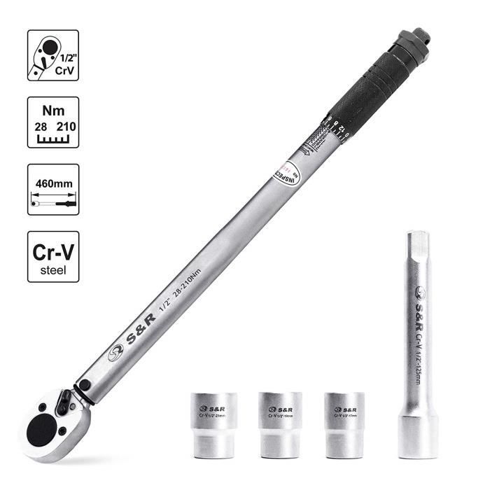 S R Cle Dynamometrique 1 2 46 Cm 28 210 Nm Cliquet Carre Reversible Rallonge 1 2 12 5 Cm 3 Douilles 17 19 21 Mm Pour Achat Vente Cle A Cliquet S R Cle Dynamometrique 1 Cdiscount