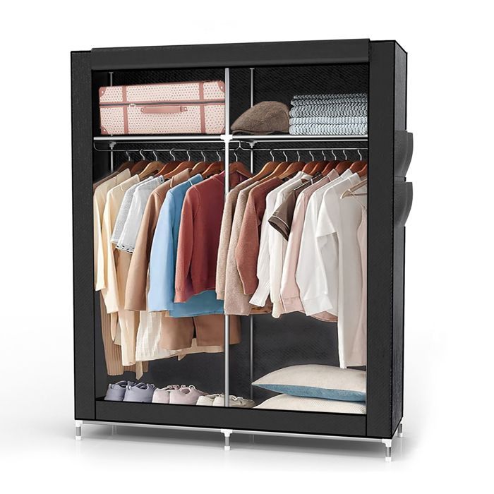 Armoire penderie en tissu 108x170x45 cm noire - fermeture éclair tringle étagères poche latérale cadre métal rangement