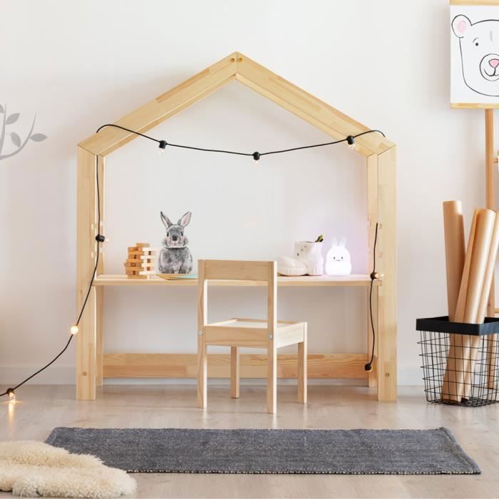 Bureau en Pin avec Tabouret & Plateau Rabattable & Rouleau de Papier, pour  Enfants de 3 Ans+ Blanc