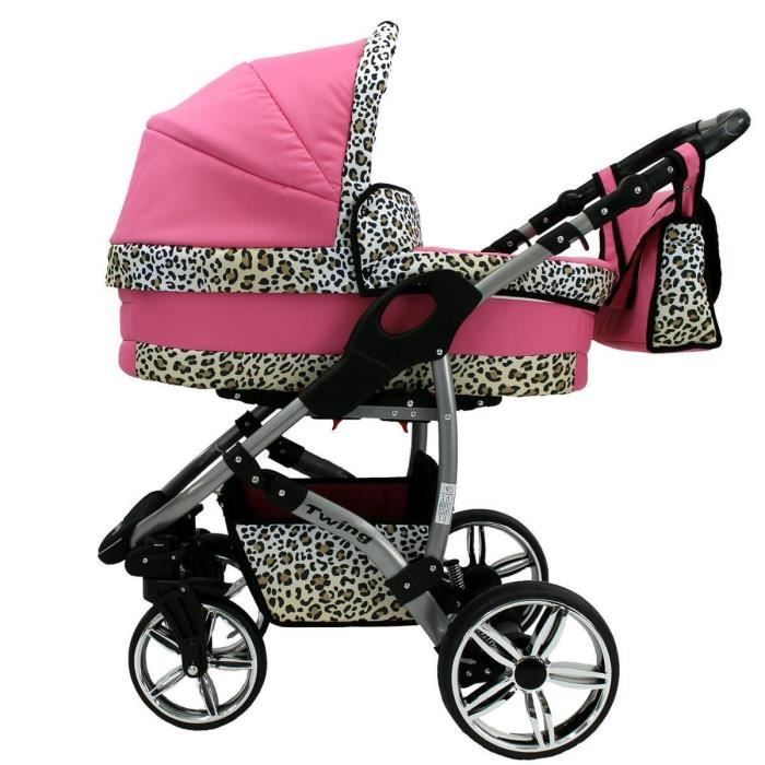 Poussette Set 40 couleurs pour choisir des roues sans crevaison Twing by SaintBaby Pink Leopard 3en1 avec siège auto pour bébé