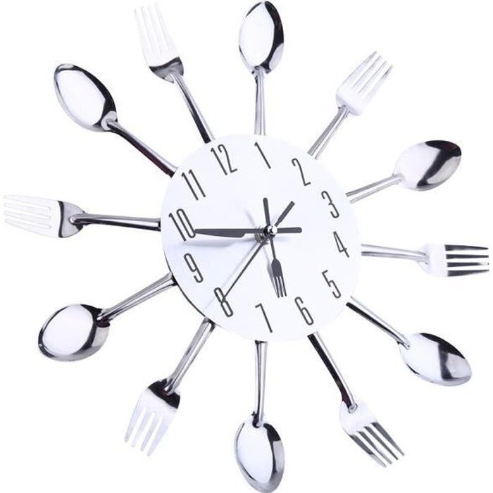 LIO® Grand miroir 3D Surface argent Design moderne couverts ustensile de cuisine cuillère fourchette horloge murale bricol E