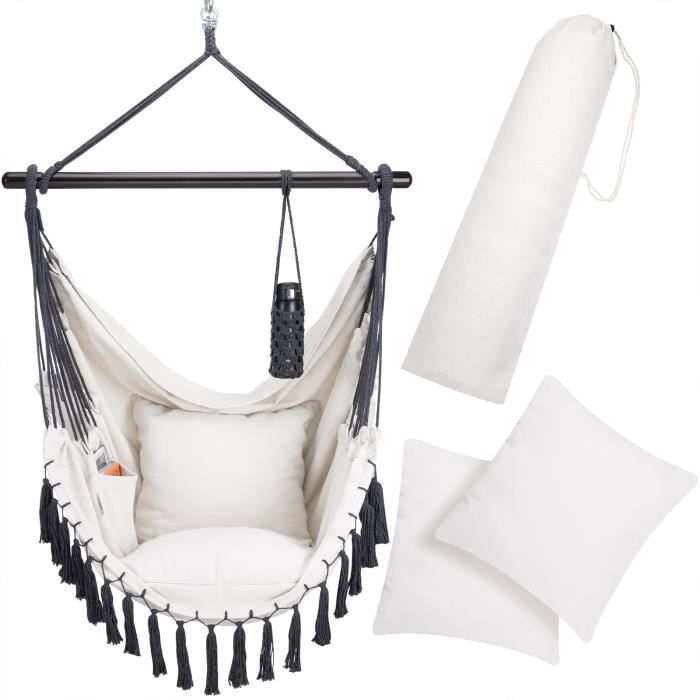 Chaise suspendue avec coussins Beige fauteuil suspendu XXL hamac coton avec franges max 150kg intérieur extérieur