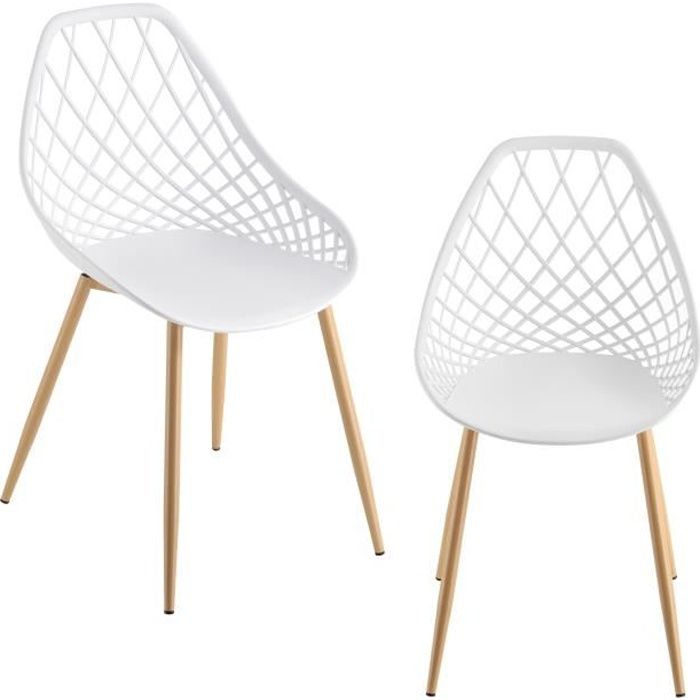 Set de 2 Chaises Designs Chaise de Salle à Manger Siège en Plastique Pieds en Métal Effet Hêtre Couleur Blanche et Effet Hêtre 83