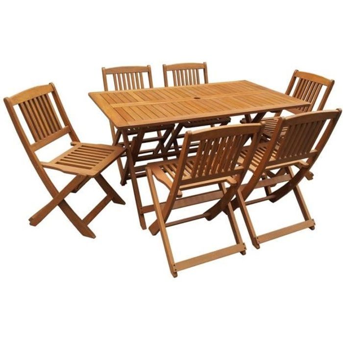 Salon de jardin bois exotique 'Hongkong' - Maple - Marron clair - 6 places assises - Table et chaises pliables