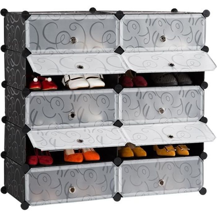 LANGRIA Penderie Etagère à Chaussures Modulable DIY 10 Cube Meuble Rangement Modules en Plastique pour Chambre- Salon Noir et Blanc LANGRIA Penderie Etagère à Chaussures Modulable DIY 10 Cube Meuble Rangement Modules en Plastique pour Chambre- Salon Noir et Blanc