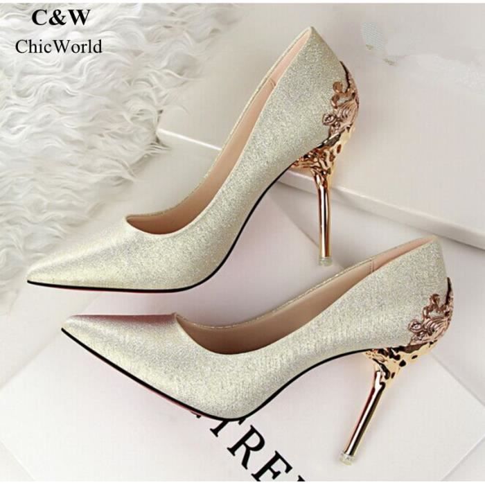 Chaussure Femme Nouveau Mode Coréenne Métal Sculpté Talons Hauts  Rouge et Or