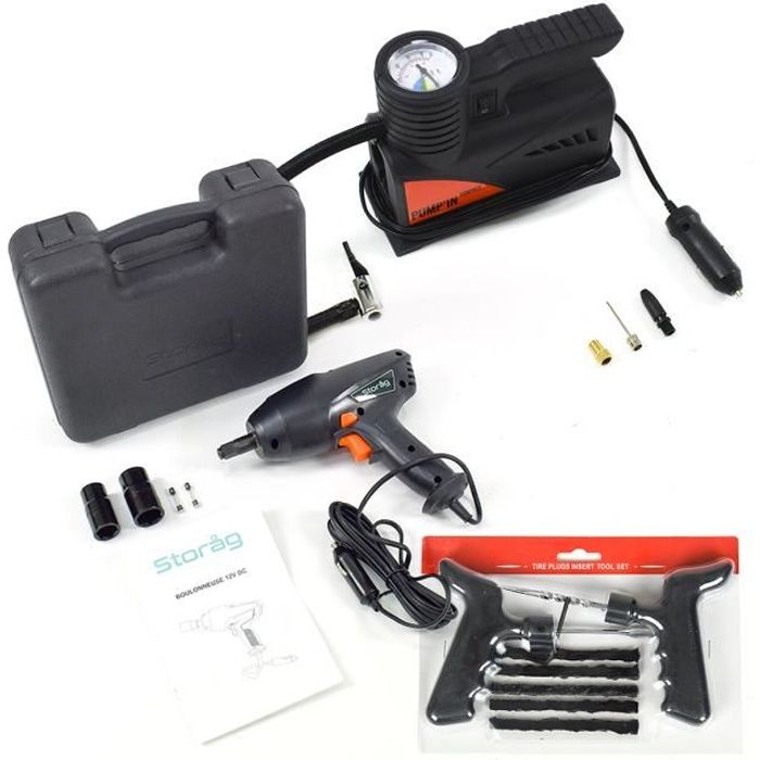 Kit réparation crevaison pneus tubeless clé à choc, mini compresseur, 1 vrile, 1 aiguille à