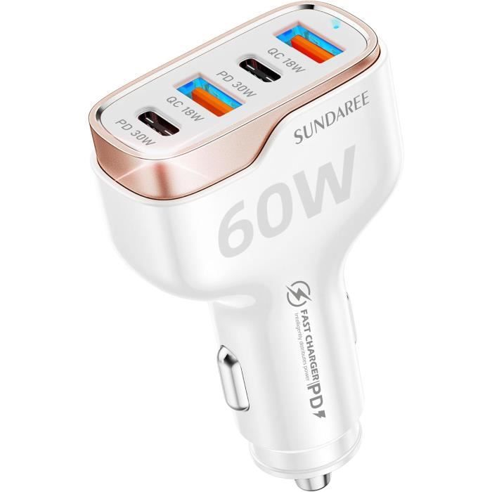 Chargeur Voiture 4 Ports USB 60W - USB-C PD 30W Et USB-A QC3.0, Charge Rapide Pour IPhone, Android - 2