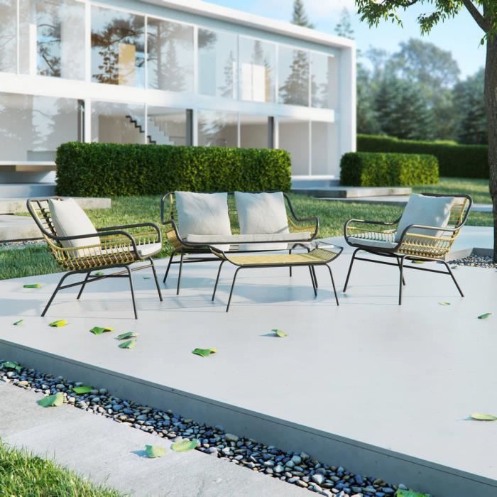 ensemble salon de jardin - firber - canapé 2 places - 2 chaises - table basse - beige / noir - style moderne