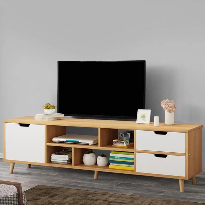 Meuble TV Blanc Avec 3 Tiroirs Et étagères Ouvertes - 190 X 40 X 42 Cm - Panneaux De Particules - Design Moderne Pour Salon - 8