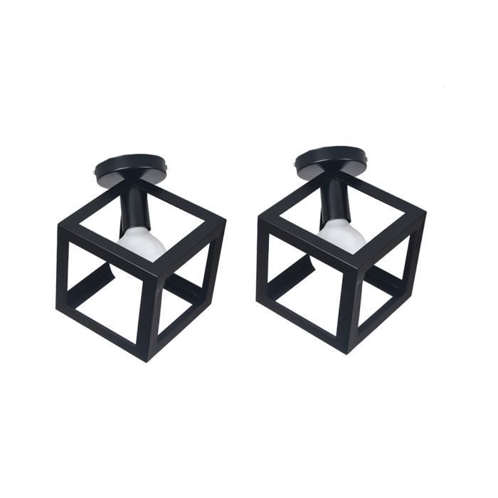 UNI Lampe de Plafond en Métal Noir 2 pack Plafonnier Cage Forme Cube Carré Luminaire pour Balcon Couloir Entrée