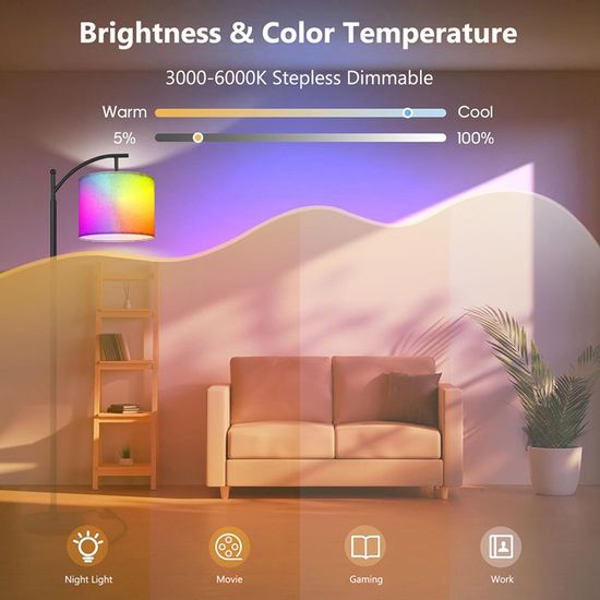 Lampadaire Connecté Alexa Avec Abat-jour Beige - 16 Millions De Couleurs Et Dimmable Pour Salon Ou Chambre - 7