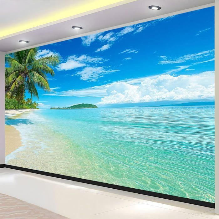 Papier Peint Panoramique 3D Paysage Tropical De Palmiers De Plage ...