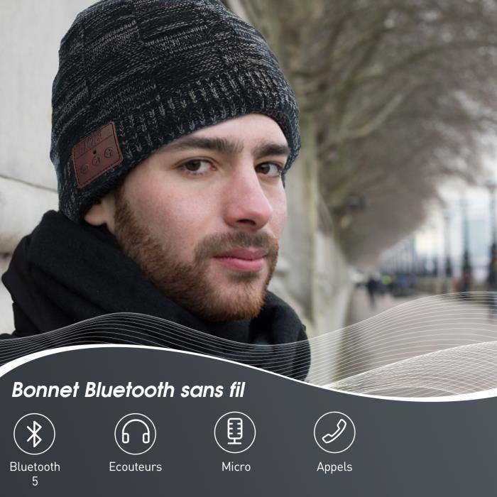 Bonnet Bluetooth Homme Femme Noir - August EPA25 Musique Sans fil Discret  Running Course à pied Sport - Casque audio - Achat & prix