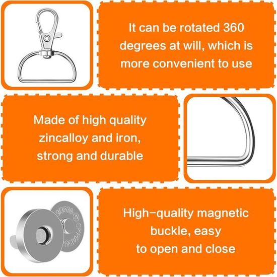 Sac Boucle En Métal, Pivotant Snap Crochets, Bouton De Snap Magnétique, Anneau Couture En Forme D Tri-Glide Kit De Réparation De Sangle Mousqueton Porte-clés Pour Attache Sac à Dos, 46 Pièces