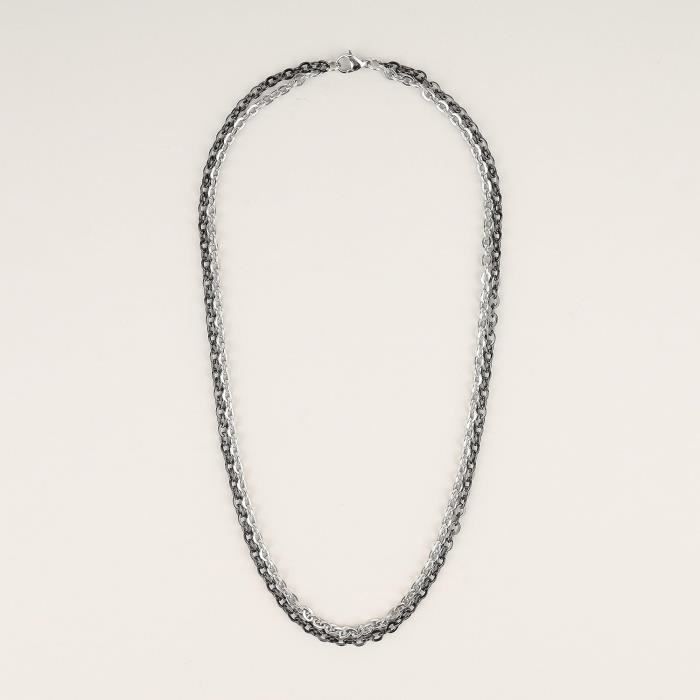 Collier Double Chaîne Acier Inoxydable Homme - n8226 - Noir & Argenté - Maille Forçat