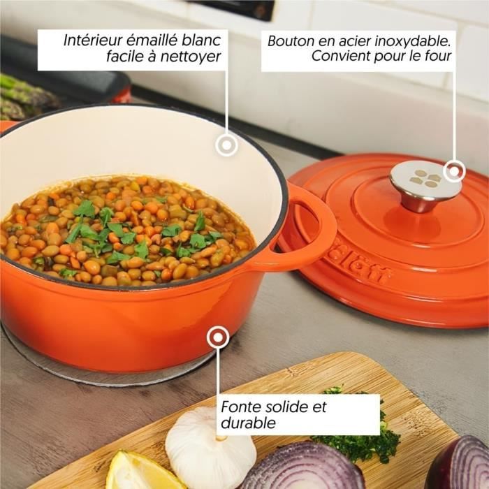 GSW Cocotte En Fonte 7 Litres Avec Couvercle - Orange/Rouge, Idéale Induction Et Four, Cuisson Parfaite