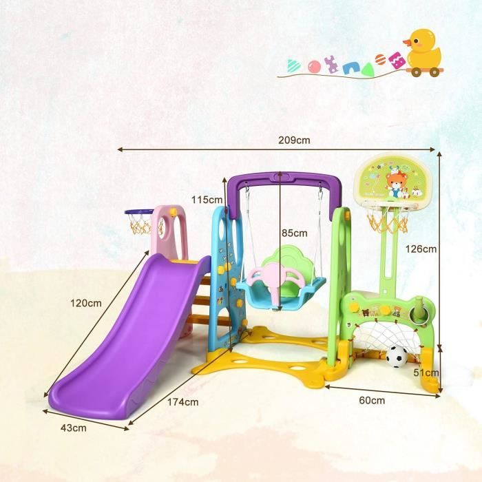 Toboggan 4-en-1 - Portique pour Enfants avec Balançoire et Panier de